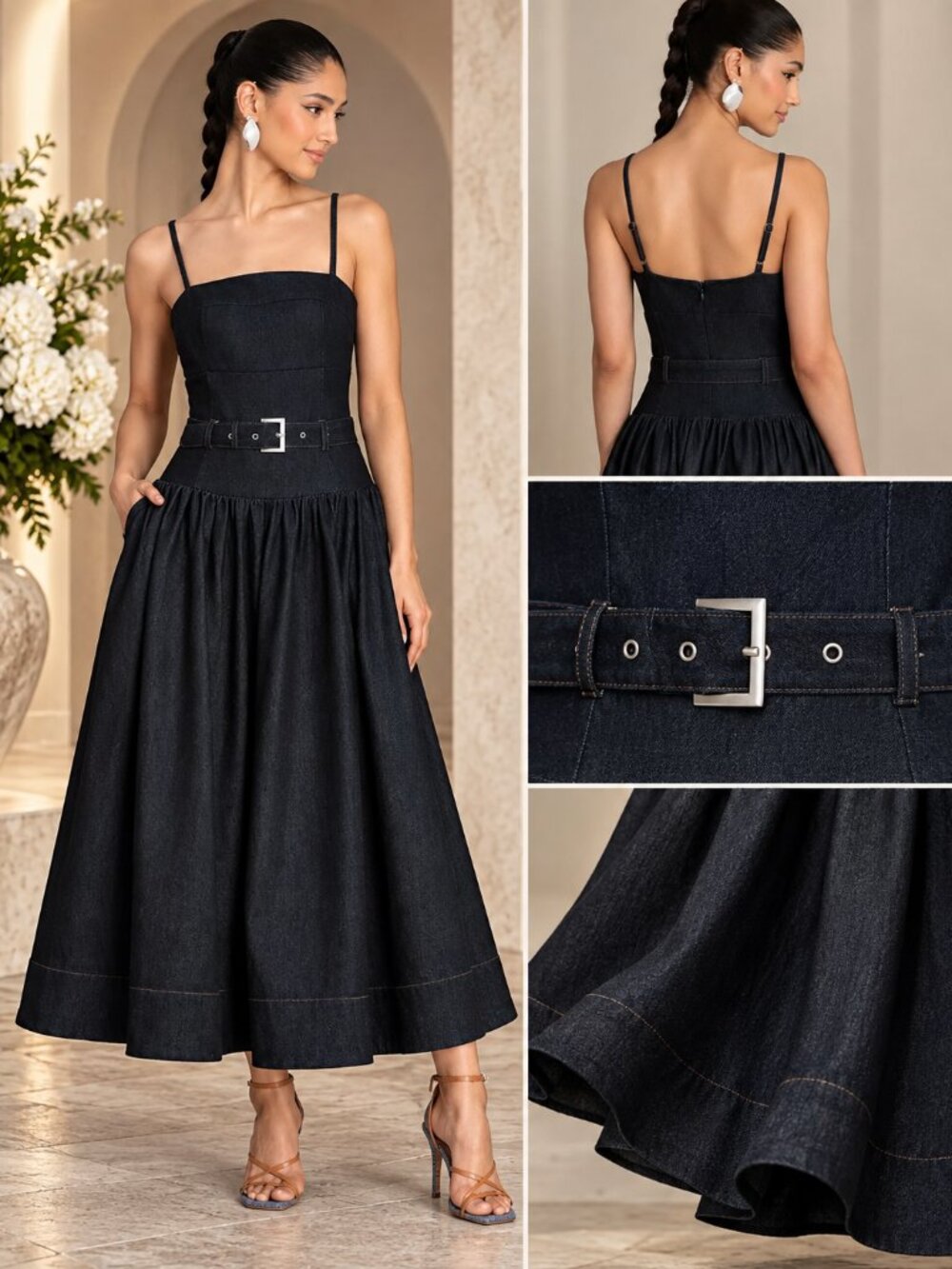 Avec Les Filles Dark Wash Denim Belted Drop Waist Midi Dress 14 NWT